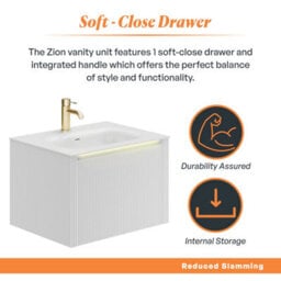 Plum&clay Zion Fluted White Wall Hung Drawer Vanity Unit & Basin Set (W)600mm - thumbnail 4