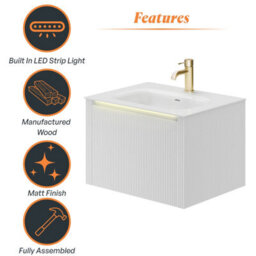 Plum&clay Zion Fluted White Wall Hung Drawer Vanity Unit & Basin Set (W)600mm - thumbnail 5