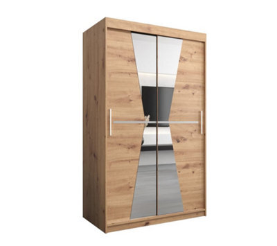 Arte Morocco Contemporary 2 Mirrored Sliding Door Wardrobe 5 Shelves 2 Rails Oak Artisan Effect (H)2000mm (W)1200mm (D)620mm - image 1