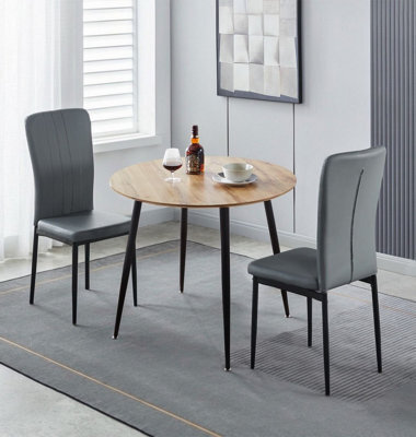 Hallowood Furniture Cullompton Small Round Dining Table 90Cm With 2 Faux Leather Grey Chairs - image 1