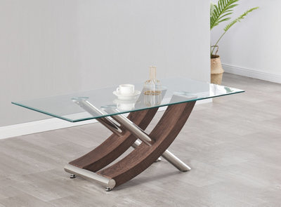 Modernique Nuovo Coffee Table, Tempered Clear Glass Top With Cross Leg In Brown - image 1
