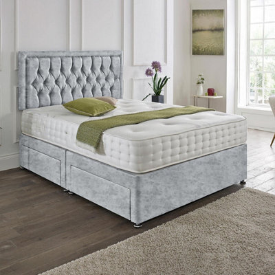 Dining Tables Lisbon Matching Headboard Divan Set, 2 Drawer On Same Side With Sprung 1500 Comfort Mattress - Crushed Velvet Silver - Double - image 1