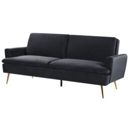 Wyld And Coco 3-Seater Velvet Sofa Bed Black With Gold Legs - Click-Clack Mechanism, Compact W210 X D84 X H88Cm - thumbnail 4