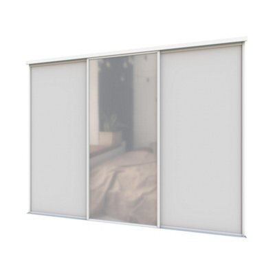 A-Class Sliding Doors Set Of 3 Light Grey & Mirror Sliding Wardrobe Door Kit, White Frame & Tracks, Opening Height (H) 225-226Cm & Width (W) 269-270Cm - image 1
