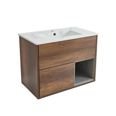 Homestylestore 812mm Dark Oak Wall Hung Bathroom Vanity Unit Open Shelf Marble Effect Basin - image 1