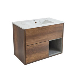 Homestylestore 812mm Dark Oak Wall Hung Bathroom Vanity Unit Open Shelf Marble Effect Basin - thumbnail 1