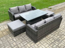Fimous Outdoor Rattan Garden Furniture Sets Height Adjustable Rising Lifting Dining Table Sofa Set With 2 Big Footstool - thumbnail 2