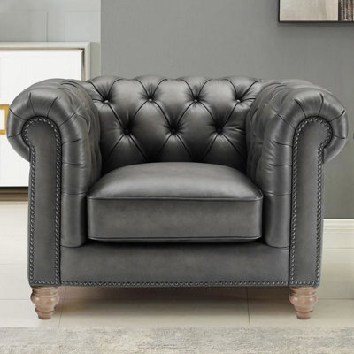 Xample Allington Grey Leather Chesterfield Armchair, Flint Grey Top Grain Leather, Pocket Coil Cushion, Solid Wood Frame, Nailhead Trim - image 1