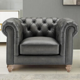 Xample Allington Grey Leather Chesterfield Armchair, Flint Grey Top Grain Leather, Pocket Coil Cushion, Solid Wood Frame, Nailhead Trim - thumbnail 1