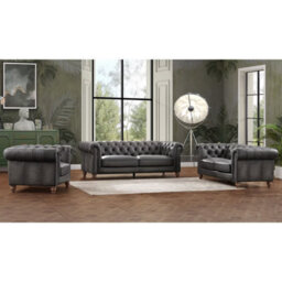 Xample Allington Grey Leather Chesterfield Armchair, Flint Grey Top Grain Leather, Pocket Coil Cushion, Solid Wood Frame, Nailhead Trim - thumbnail 4