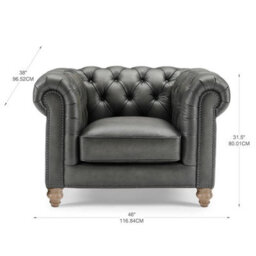 Xample Allington Grey Leather Chesterfield Armchair, Flint Grey Top Grain Leather, Pocket Coil Cushion, Solid Wood Frame, Nailhead Trim - thumbnail 2