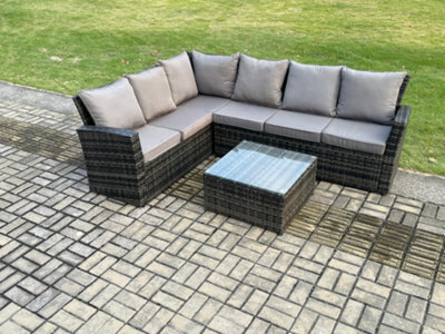 Fimous 6 Seater Outdoor Furniture Garden Dining Set Rattan Corner Sofa Set With Square Coffee Table Dark Grey Mixed - image 1