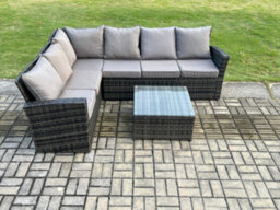 Fimous 6 Seater Outdoor Furniture Garden Dining Set Rattan Corner Sofa Set With Square Coffee Table Dark Grey Mixed - thumbnail 2