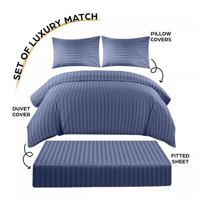Ameha Washed Blue Striped Microfibre Bedding Set Double, Reversible & Breathable Duvet Cover, Fitted Sheet & Pillowcases - image 1