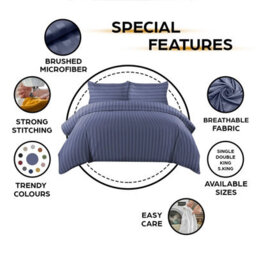 Ameha Washed Blue Striped Microfibre Bedding Set Double, Reversible & Breathable Duvet Cover, Fitted Sheet & Pillowcases - thumbnail 6