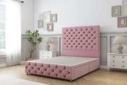 "Sloomy Watson Pink Plush Divan Bed 2 Drawers Left Side-54"" Floor Standing Headboard & 12"" Footboard 2'6 Small Single"