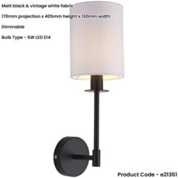 Loops Matt Black Dimmable Wall Light - Modern Vintage White Cylinder Fabric Shade - 6W Led E14 - thumbnail 2