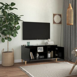 Berkfield Tv Cabinet With Solid Wood Legs Black 103.5X35X50 Cm - thumbnail 3