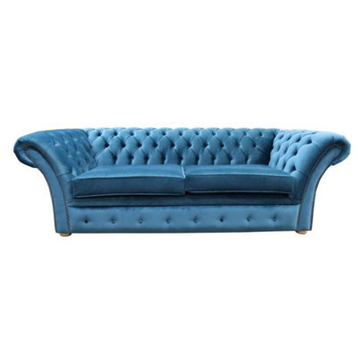 Chesterfield Handmade 3 Seater Sofa Malta Peacock Blue Velvet Fabric In Balmoral Style - image 1