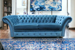 Chesterfield Handmade 3 Seater Sofa Malta Peacock Blue Velvet Fabric In Balmoral Style - thumbnail 3