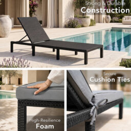 Evre Black Barcelona Rattan Sun Lounger Adjustable Garden Sun Bed With 7Cm Cushions, Steel Frame & 5 Reclining Positions. - thumbnail 4
