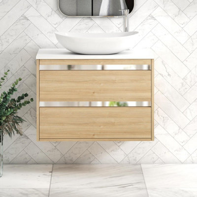 Royal Bathrooms Orion 800mm Natural Oak Wall Hung Plain White Countertop Vanity Unit 2 Drawer With Cesar Basin & Chrome Accent Trim - image 1