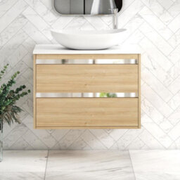 Royal Bathrooms Orion 800mm Natural Oak Wall Hung Plain White Countertop Vanity Unit 2 Drawer With Cesar Basin & Chrome Accent Trim