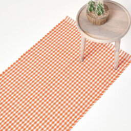 Homescapes Cotton Gingham Check Rug Hand Woven Orange White, 66 X 200 Cm - thumbnail 1