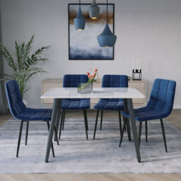 Urbn-Living Urbnliving 5Pcs Gloss White Modern Ceramic Top Dining Table & Blue Plush Velvet Chairs With Metal Legs - thumbnail 2