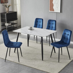Urbn-Living Urbnliving 5Pcs Gloss White Modern Ceramic Top Dining Table & Blue Plush Velvet Chairs With Metal Legs