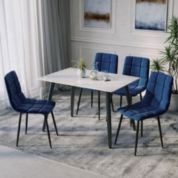 Urbn-Living Urbnliving 5Pcs Gloss White Modern Ceramic Top Dining Table & Blue Plush Velvet Chairs With Metal Legs - thumbnail 5