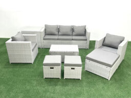 Fimous Rattan Garden Outdoor Furniture Sofa Set Rectangular Coffee Table 2 Chairs 3 Stools Side Table Light Grey - thumbnail 2