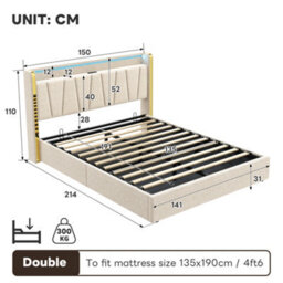Btm 4Ft6 Double Upholstered Bed With Hydraulic Storage Led Headboard Charging Station Usb Type C Linen Beige No Mattress - thumbnail 8