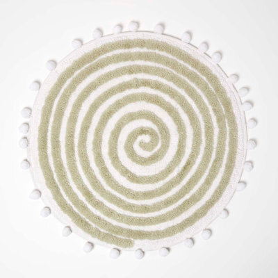 Homescapes Spiral Sage Green Cotton Bath Mat With Pom Pom Edges - image 1