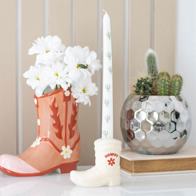 Western Cowboy Boot Candle Holder With Taper Candle & Cactus Design - image 1