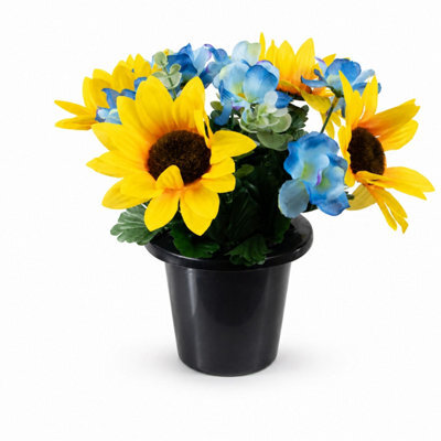 Urbn-Living Yellow & Blue Sunflower & Hydrangea Set Of 1 Artificial Silk Flower Grave Pot Memorial Arrangement Graveside Cemetery - image 1