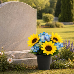 Urbn-Living Yellow & Blue Sunflower & Hydrangea Set Of 1 Artificial Silk Flower Grave Pot Memorial Arrangement Graveside Cemetery - thumbnail 3
