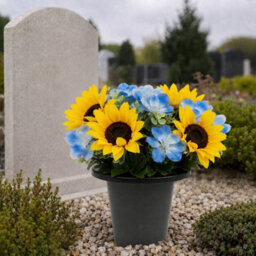 Urbn-Living Yellow & Blue Sunflower & Hydrangea Set Of 1 Artificial Silk Flower Grave Pot Memorial Arrangement Graveside Cemetery - thumbnail 2