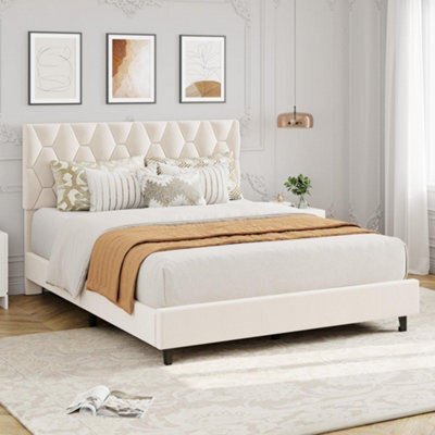 Upholstered Bed Frame With Adjustable Diamond Tufted Headboard, Wooden Slats Support, Beige/double, 135 X 190 Cm - image 1