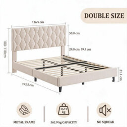 Upholstered Bed Frame With Adjustable Diamond Tufted Headboard, Wooden Slats Support, Beige/double, 135 X 190 Cm - thumbnail 3