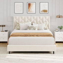 Upholstered Bed Frame With Adjustable Diamond Tufted Headboard, Wooden Slats Support, Beige/double, 135 X 190 Cm - thumbnail 2