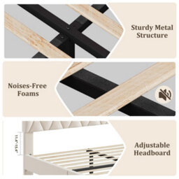 Upholstered Bed Frame With Adjustable Diamond Tufted Headboard, Wooden Slats Support, Beige/double, 135 X 190 Cm - thumbnail 5