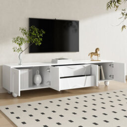 Btm 180Cm White Tv Cabinet With Wooden Legs, Minimalist Design, Large Storage - thumbnail 4