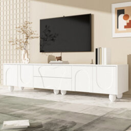Btm 180Cm White Tv Cabinet With Wooden Legs, Minimalist Design, Large Storage - thumbnail 7