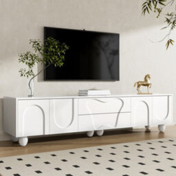 Btm 180Cm White Tv Cabinet With Wooden Legs, Minimalist Design, Large Storage - thumbnail 3