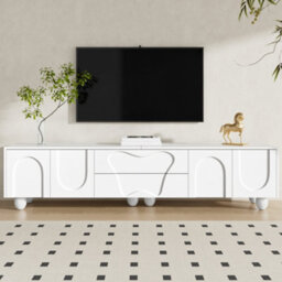 Btm 180Cm White Tv Cabinet With Wooden Legs, Minimalist Design, Large Storage - thumbnail 2