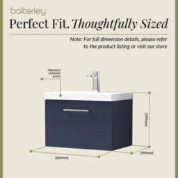 Balterley Contemporary Bathroom Wall Hung 1 Soft-Close Drawer Vanity Unit & Mid-Edge Ceramic Basin, Midnight Blue, 600 mm - thumbnail 5