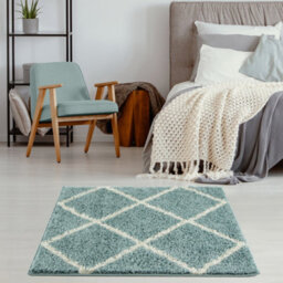 The Rugs Moroccan Shaggy Rugs And Runners Soft Fluffy Diamond Design High Pile Duck Egg Blue And Ivory Living Room Kitchen Hallway 550 - thumbnail 4