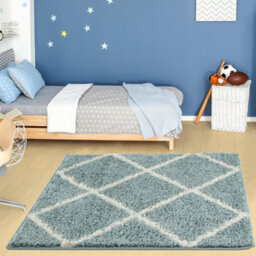 The Rugs Moroccan Shaggy Rugs And Runners Soft Fluffy Diamond Design High Pile Duck Egg Blue And Ivory Living Room Kitchen Hallway 550 - thumbnail 5