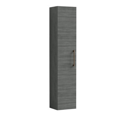 Balterley Level Modern Bathroom 1 Soft Close Door Wall Hung Tall Storage, Woodgrain Anthracite With Brushed Bronze Handle, 300 mm